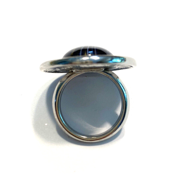 Cocktail Ring Silvertone Black Brown Stone Mod Abstract Fashion Jewelry Sz 5.75 - Picture 4 of 7